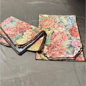 Floral Tapestry Table Runner & 6 Placemats Rose Garden Jacquard Dining Set